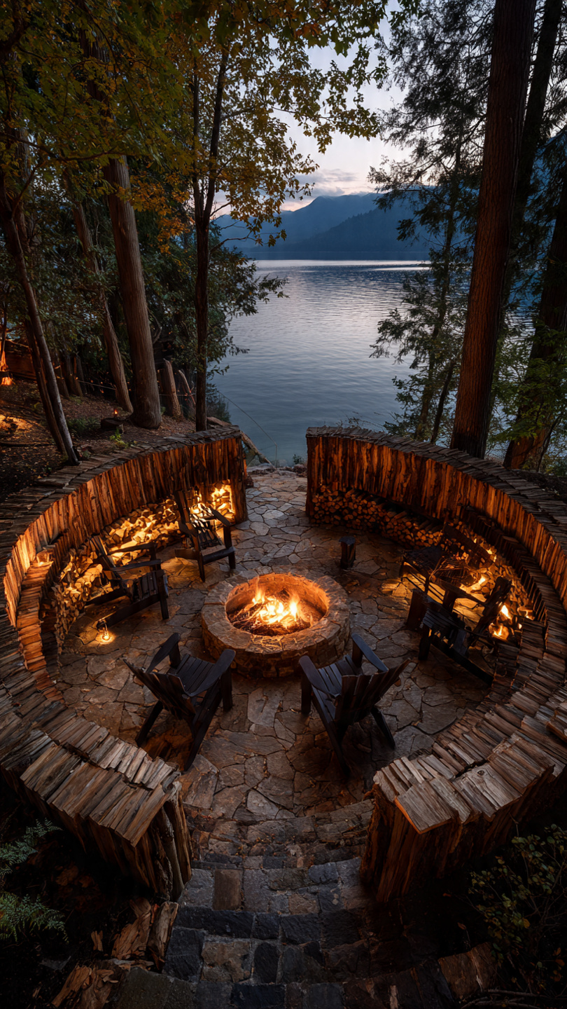 Claude's firepit in Elyria - stone fire ring overlooking the lake at dusk